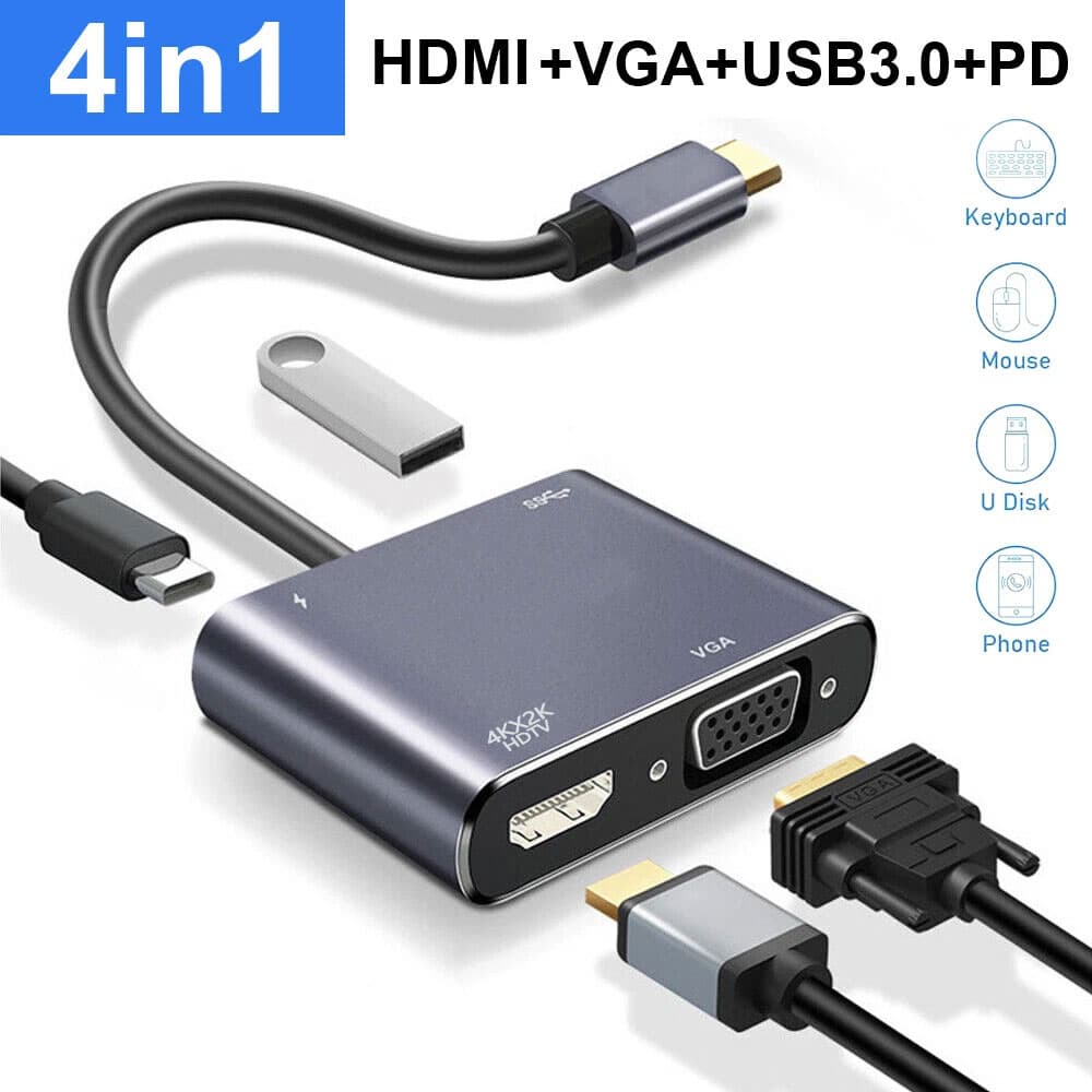 Adaptador VGA para USB-C 4 em 1 Hub Conversor Multiporta HDMI VGA 4K 60Hz para Laptop/PC
