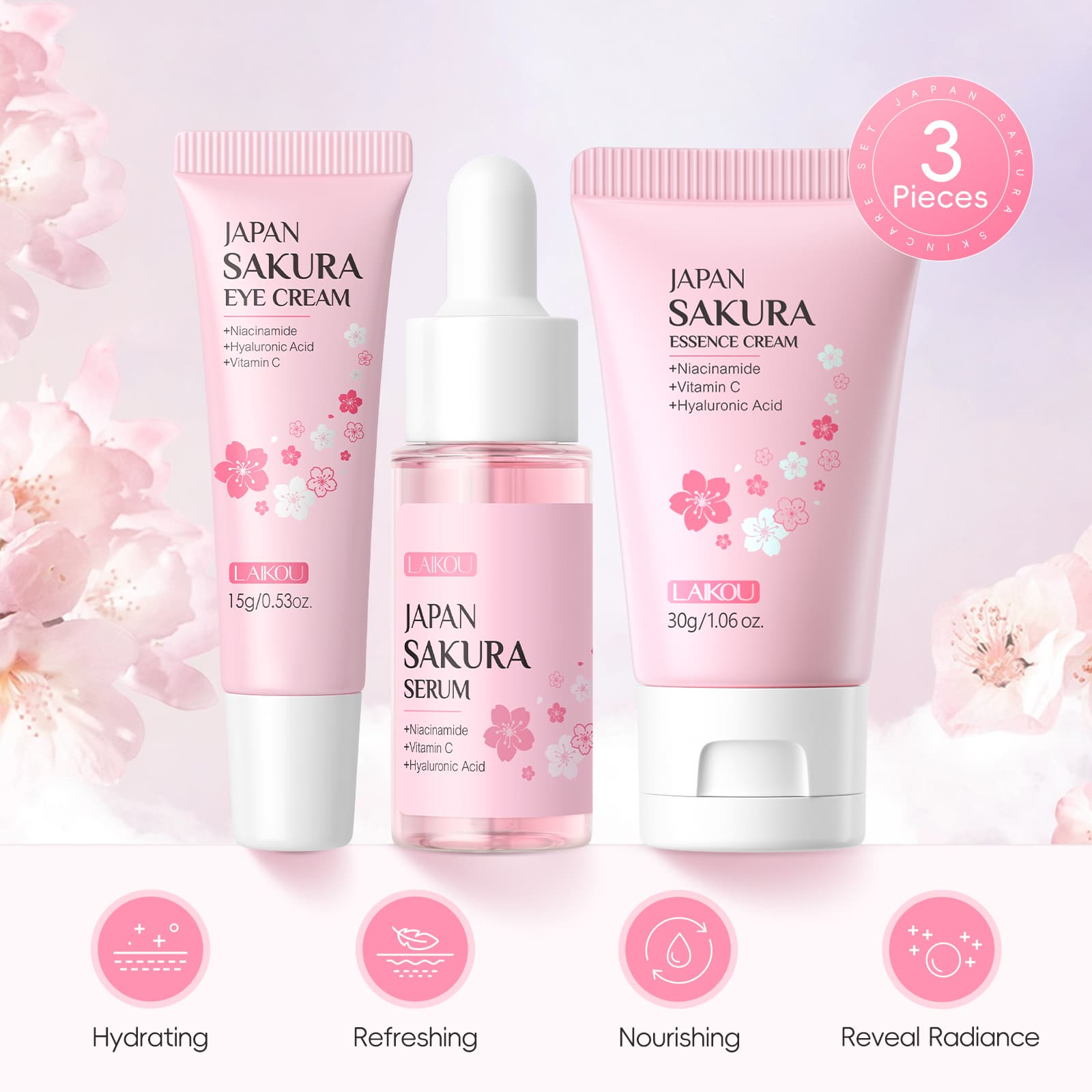 LAIKOU Sakura Facial para Cuidados com a Pele Clareador de Manchas Creme para Apertar Poros Hidratante 3 peças