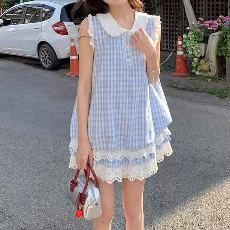 Vestido feminino sem mangas para pessoas de estatura baixa: estilo colegial doce japonês, xadrez azul, vestido de