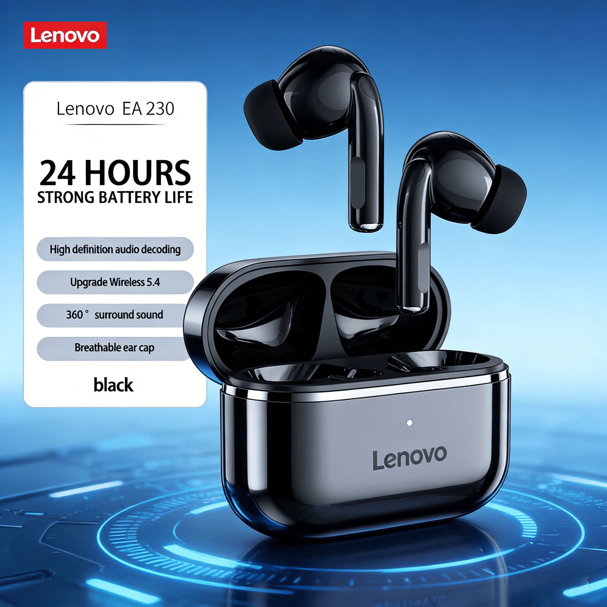 Fones de ouvido Lenovo EA230, TWS, fones de ouvido sem fio, fones de ouvido HiFi, áudio Bluetooth 5.4, fones de ouvido