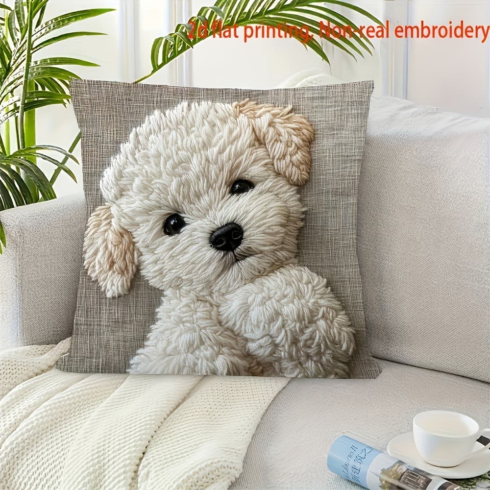Capa de Almofada Decorativa Estampada de Poodle Fofo 2D, Capa de Almofada Branca Macia e Felpuda em Forma de Cachorro