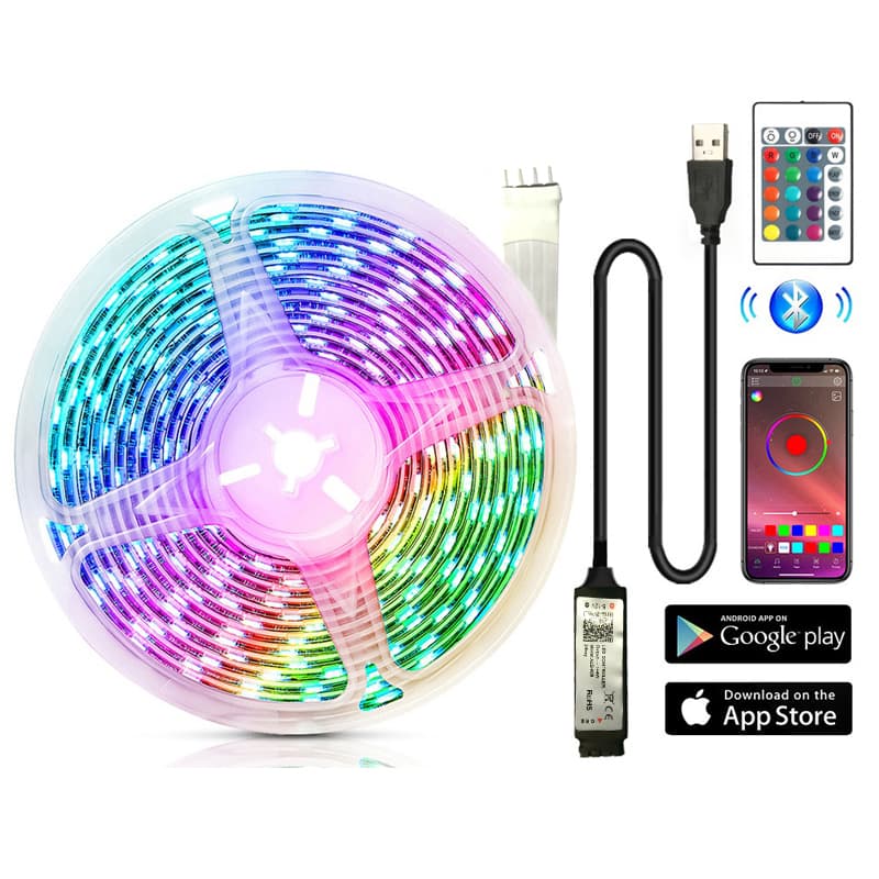 Fita de LED RGB com sincronia musical, iluminação para TV, controle por app/controle remoto, 5W, USB 5V, flexível.