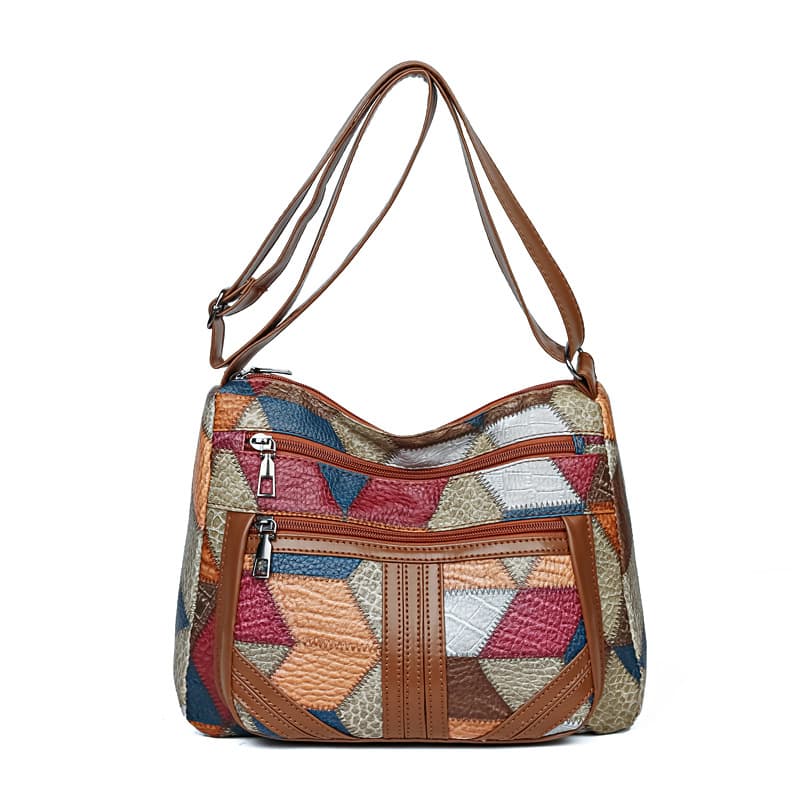 L2026 Bolsa Tote Retrô em Couro Patchwork – Grande Bolsa Feminina de Ombro, Bolsa Tiracolo com Zíper de Múltiplos