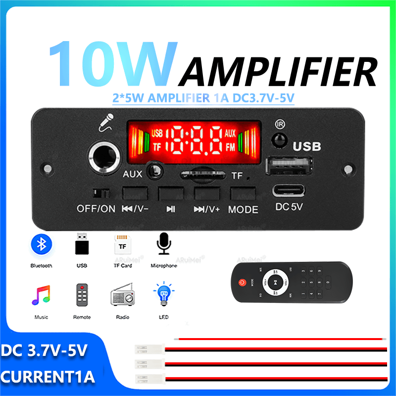 Módulo Amplificador Bluetooth 2x5W portátil DC 3.7-5V com controle remoto para caixa de som DIY