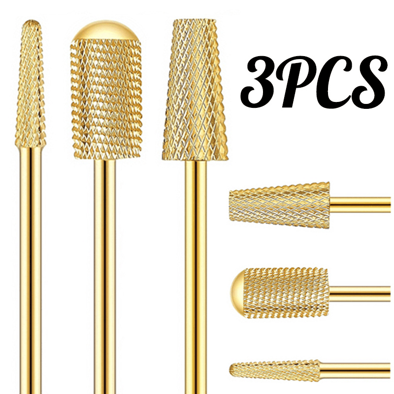 Kit 3 Peças Brocas de Unha de Carboneto de Tungstênio com Banho de Ouro, Ferramentas Profissionais para Polimento,