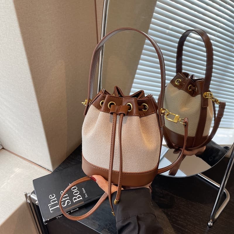 Bolsa Balde Retrô em Bloco de Cores | Bolsa de Lona e PU com Cordão | Bolsa Tiracolo Versátil