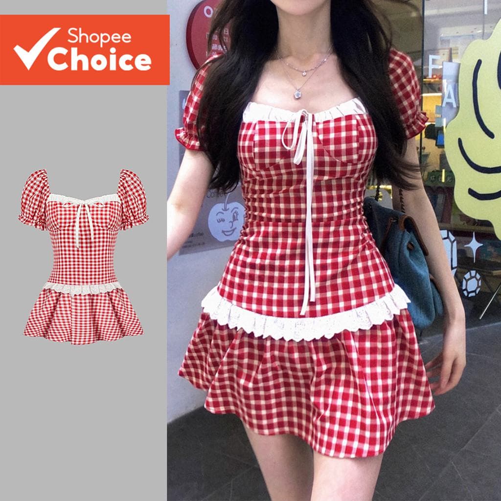 Vestido Feminino Lovito Casual com Xadrez, Laço no Pescoço com Babados, Manga Bufante e Franzido L114AD416