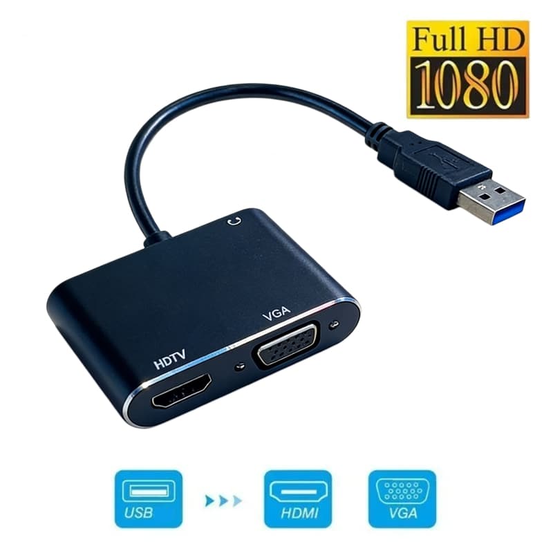 Adaptador 3 em 1 USB para HDMI VGA Conversor de Cabo para Múltiplas Telas 1080p HDTV