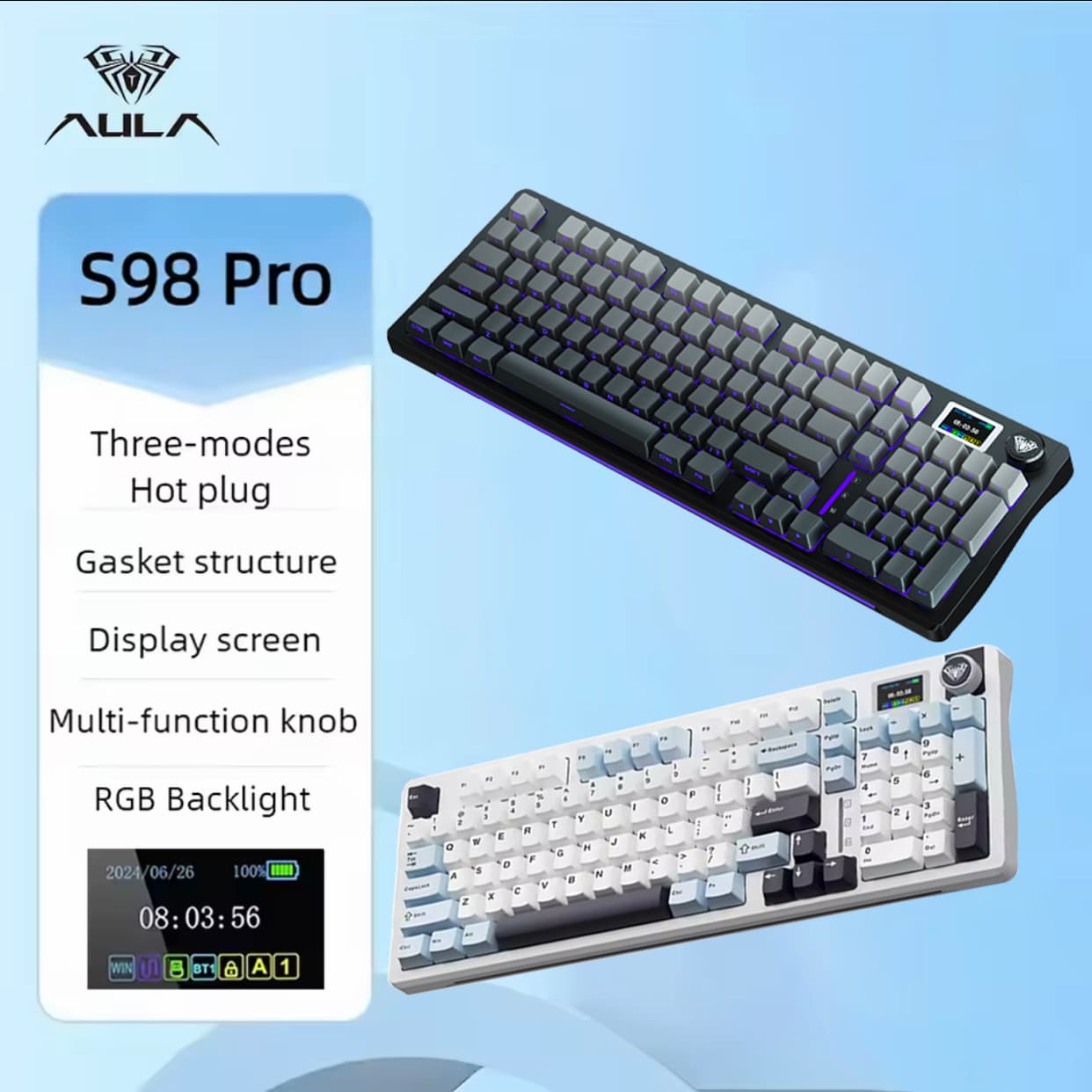 Teclado de Jogos Sem Fio AULA S98pro Bluetooth USB-C 2.4G PBT Teclas RGB Trocáveis Teclado eSports com Mini Tela TFT