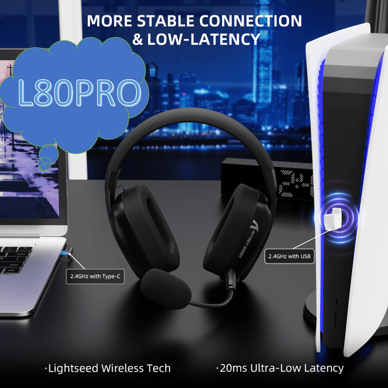 ATTACK SHARK L80PRO Fone de ouvido gamer 3 em 1, conexão mais estável e baixa latência, 20ms de latência ultra baixa,