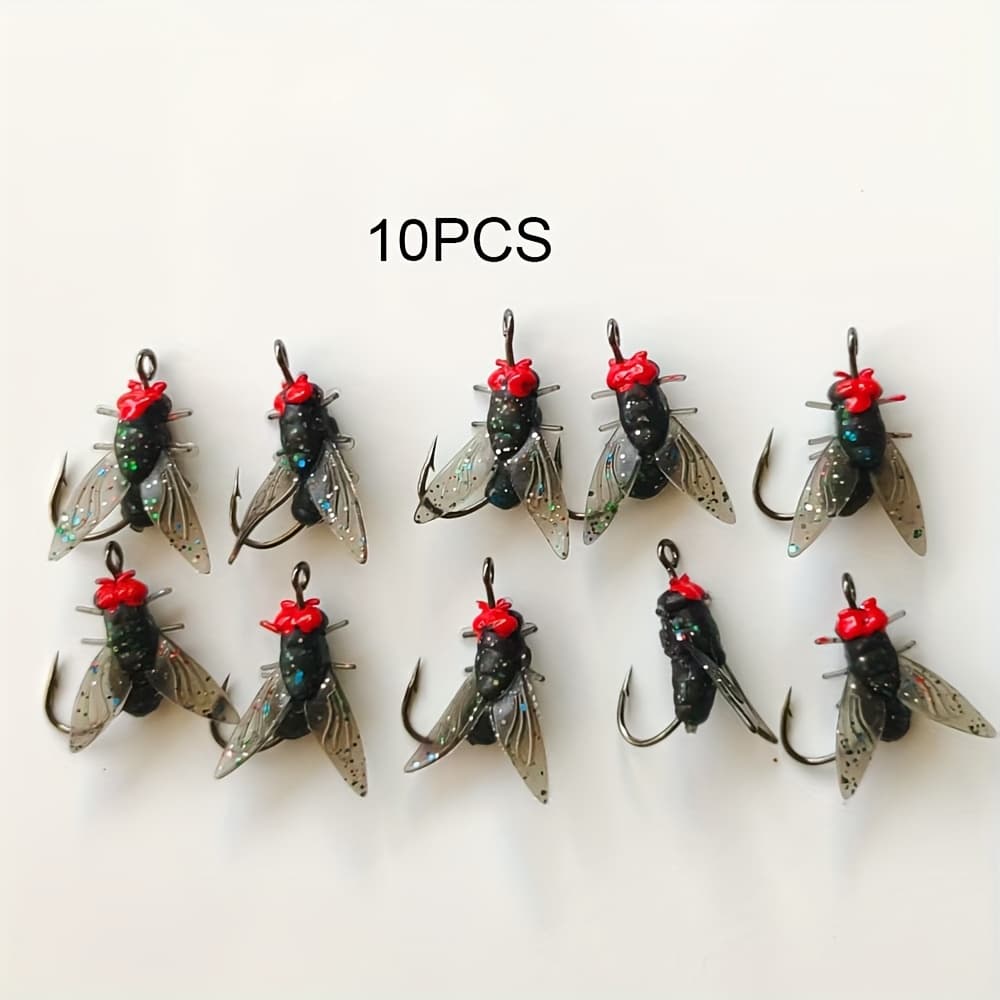 10/20 unidades Isca artificial macia com anzol, isca Black Fly em caixa • Isca para pesca de fly com cabeça vermelha •