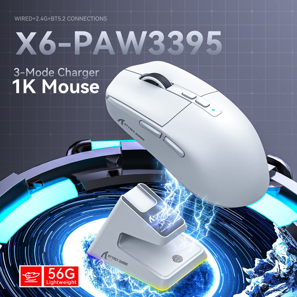 ATTACK SHARK X6 Mouse Gaming Sem Fio Ultraleve 56g | PAW3395 26K DPI | Tri-Modo BT5.2/2.4G/Com Fio | Bateria 200h | 80M