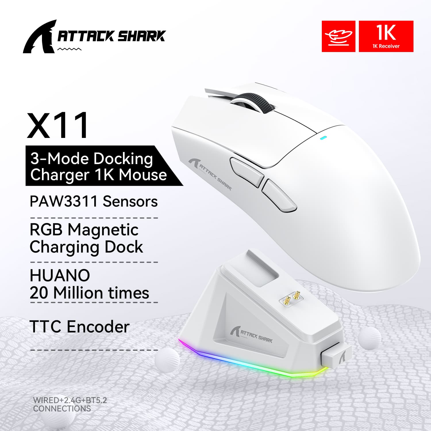 Mouse Attack Shark X11 com design leve PAW3311 para jogos eletrônicos, mouse sem fio tri-modo, com RGB na base - 1