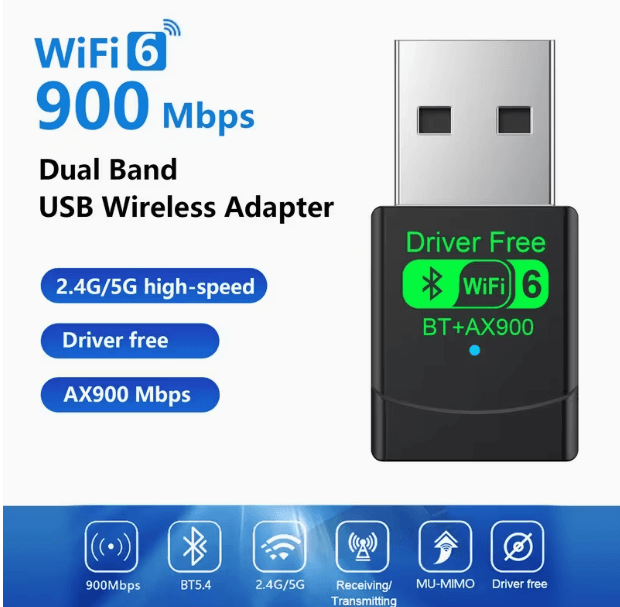 Adaptador Wireless, AX900 USB WiFi Bluetooth 5.4 2 em 1 Dongle Banda Dupla 2.4G 5GHz USB WiFi 6 para Windows 10/11, com