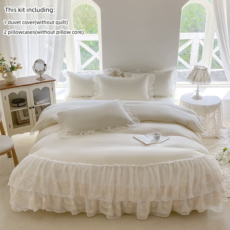 Conjunto De Cama Romântico Princesa Com Acabamento Em Renda 3 Peças | Capa De Edredom + 2 Fronhas Soft Respirável Fecham
