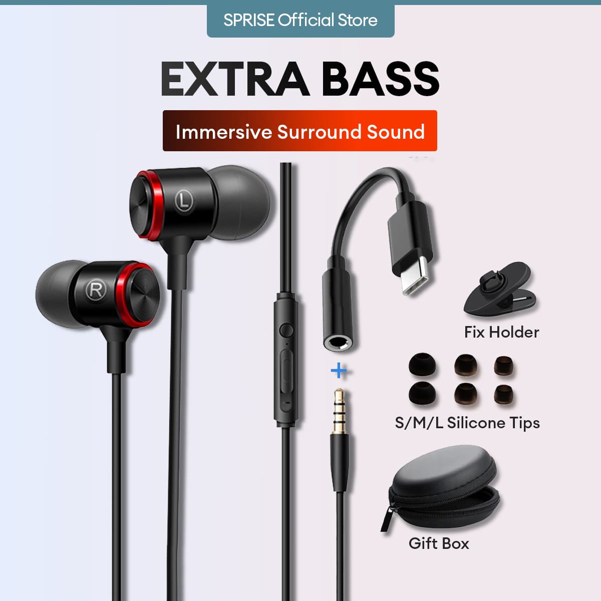 SPRISE E3 Fones de ouvido HiFi Bass, fone de ouvido intra-auricular de metal, com fio, 3,5 mm e Type-C, fone de ouvido