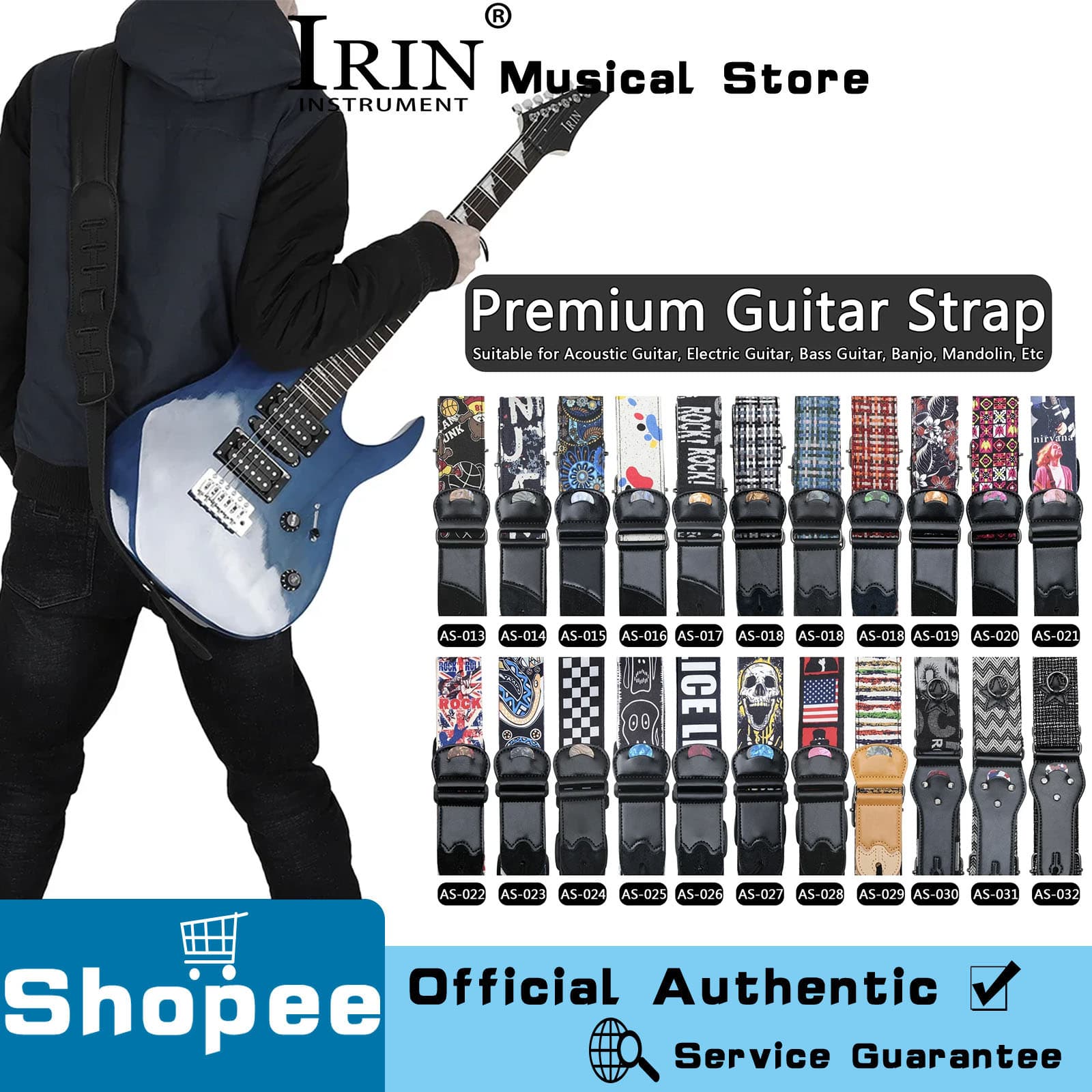 IRIN Correia de guitarra elétrica Premium Cintos de guitarra com palheta Adequado para guitarra acústica, ukulele,