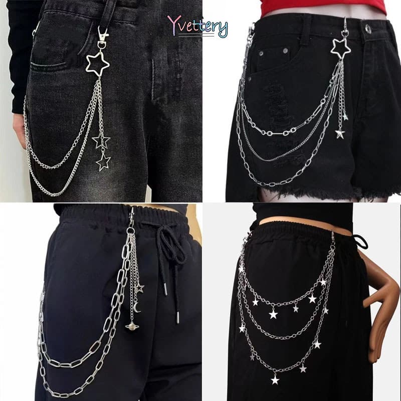 Cinto De Corrente Masculino Feminino Hip Hop Metal Estrela Pingente Punk Ajustável Jeans Multicamadas