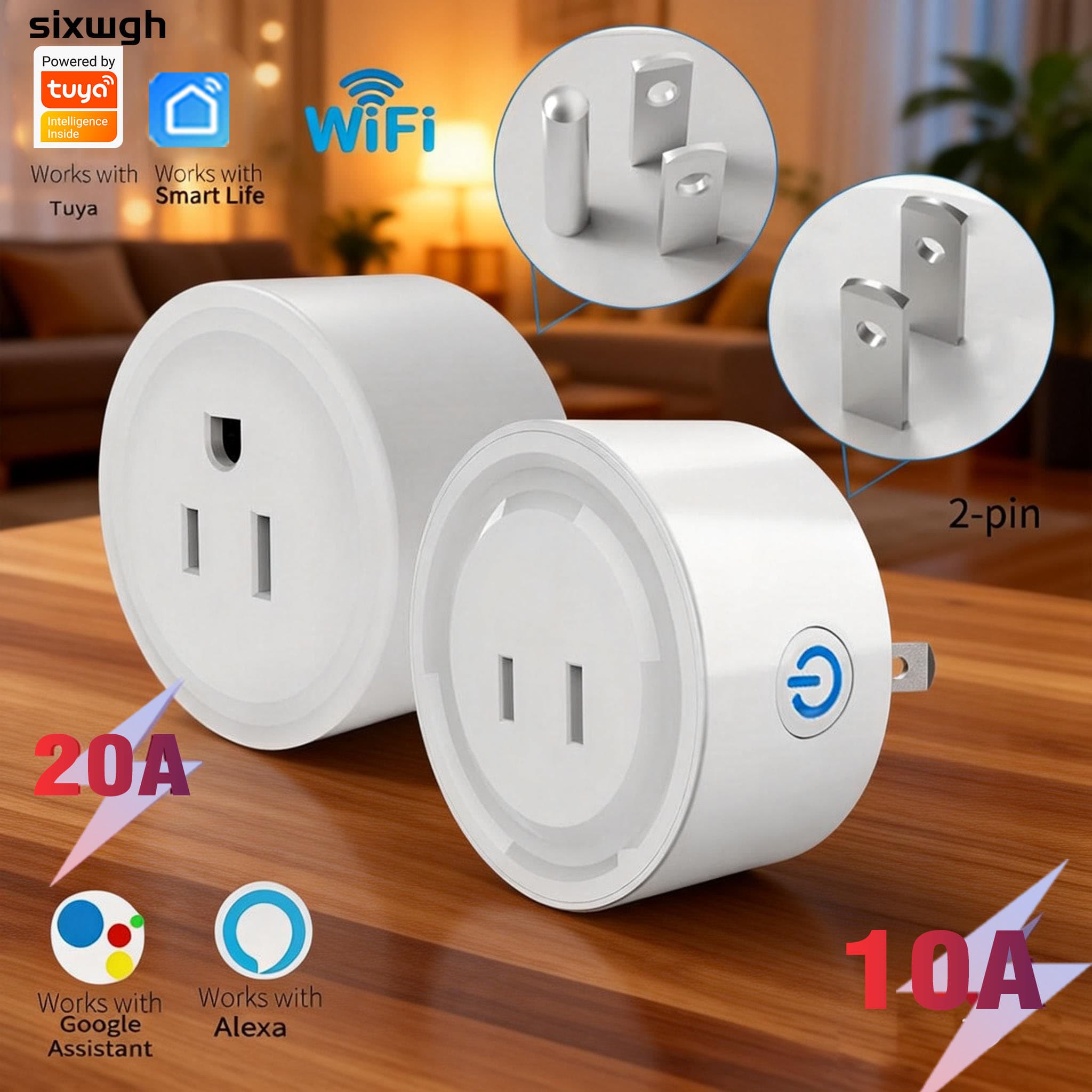 Tomada Inteligente WiFi para Tuya 2 Pinos Plano Padrão EUA 20A Compatível com o Aplicativo Smart Life Funciona com Alexa