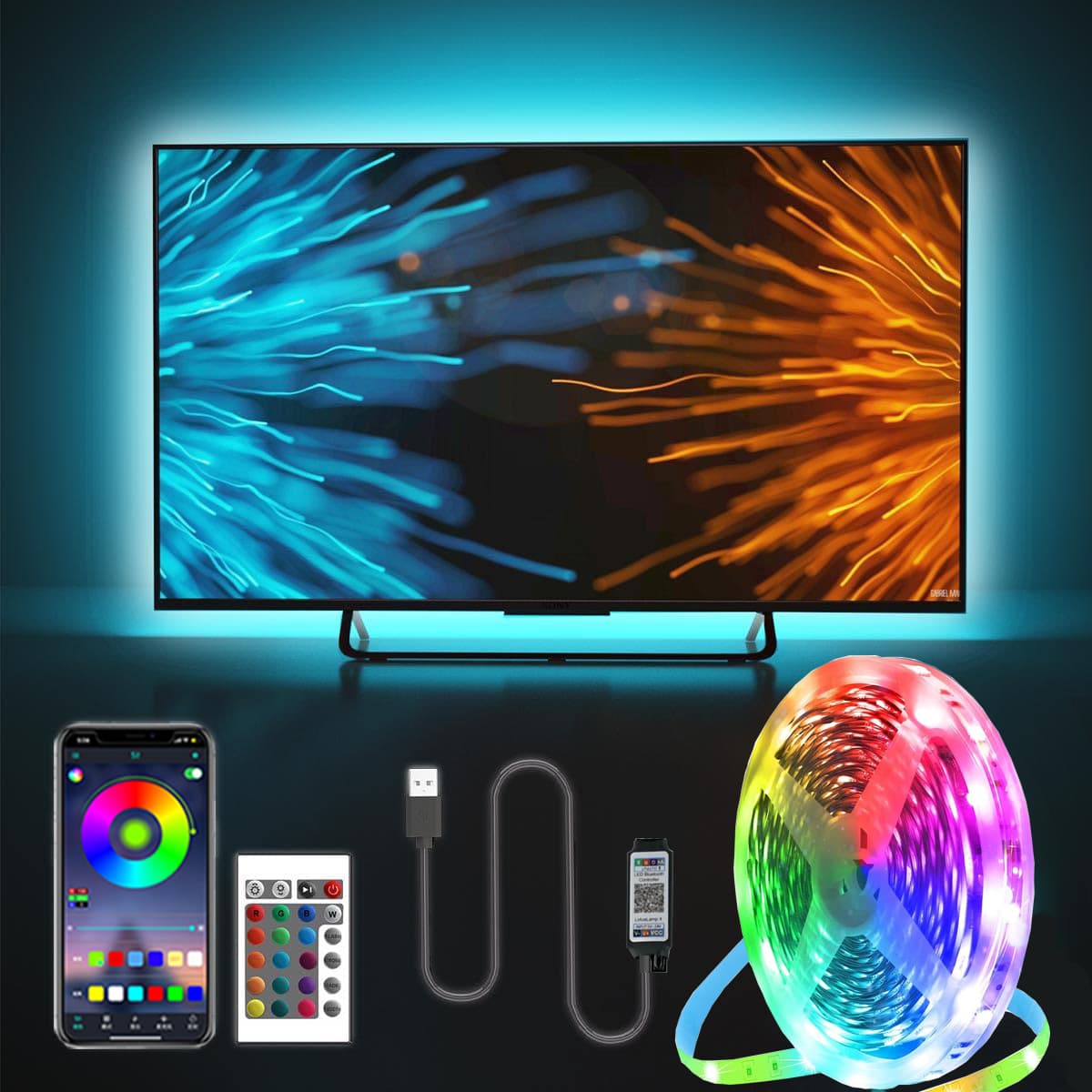 Fita de LED RGB 5050 USB com Backlight para TV, controlada por aplicativo para PC, espelho, TVs de 24 a 60 polegadas