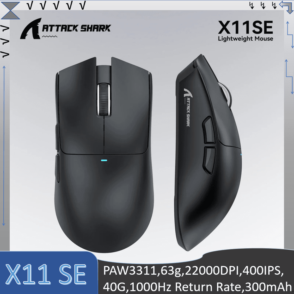 Mouse Gamer Leve Tri-Modo ATTACK SHARK X11 SE, Vida útil de 20 milhões de ciclos HUANO, 63g, 22000DPI, 400IPS, 40G,