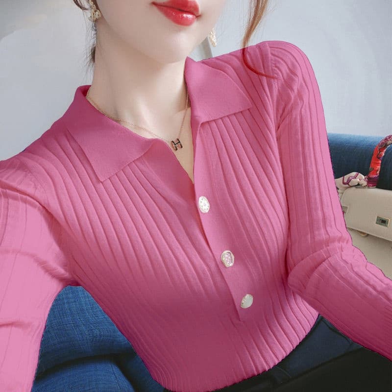 Camisa De Manga Comprida De Malha Polo Gola Baixa Feminina