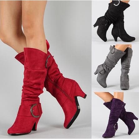 Botas femininas de tubo longo, fivela de cinto, tubo alto, botas de cavaleiro, salto grosso, sapatos femininos quentes d