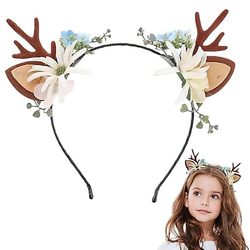 Ipetboom Tiara De Chifre De Veado De Natal – Chifres De Rena Flor Pinha Coroa Floral Argola De Cabelo Xmas Boho Cocar De
