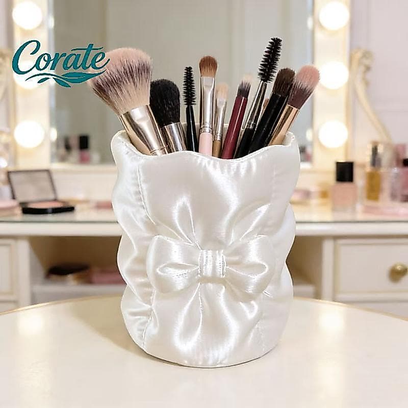 [Corate] Porta Pincéis De Maquiagem De Plástico Com Laço Fofo Caixa De Armazenamento De Cosméticos De Grande Capacidade