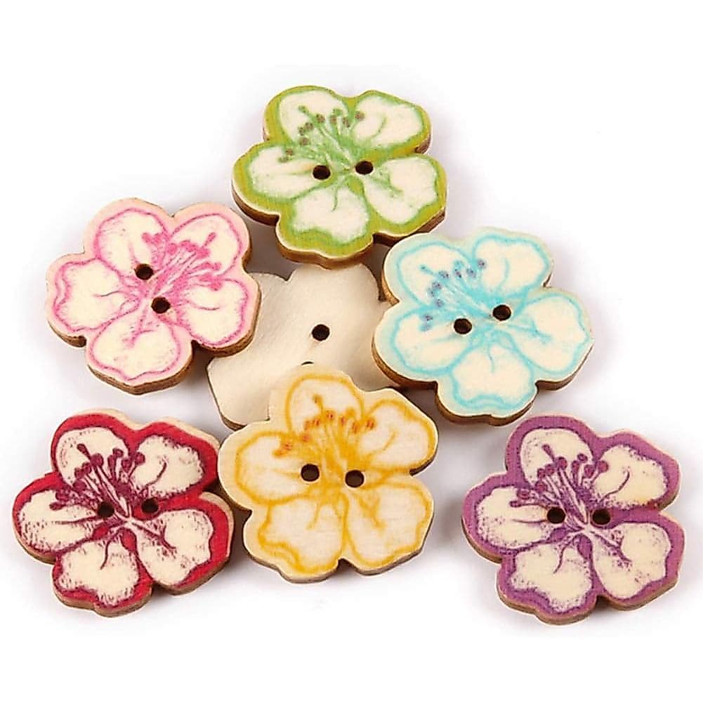 AKOAK 50 Peças Botões Decorativos de Madeira Natural com 2 Furos, Estilo Retrô, Fofos, em Formato de Árvore, Coração e F