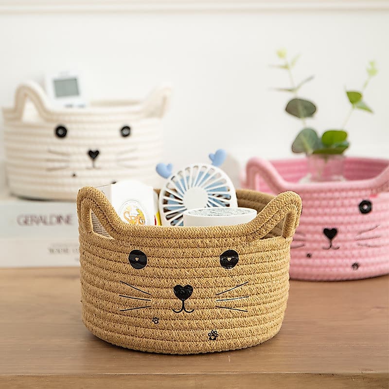 Gato bonito ins Rattan fio de algodão tecido cesta armazenamento dormitório estudante Desktop diversos organizador caixa
