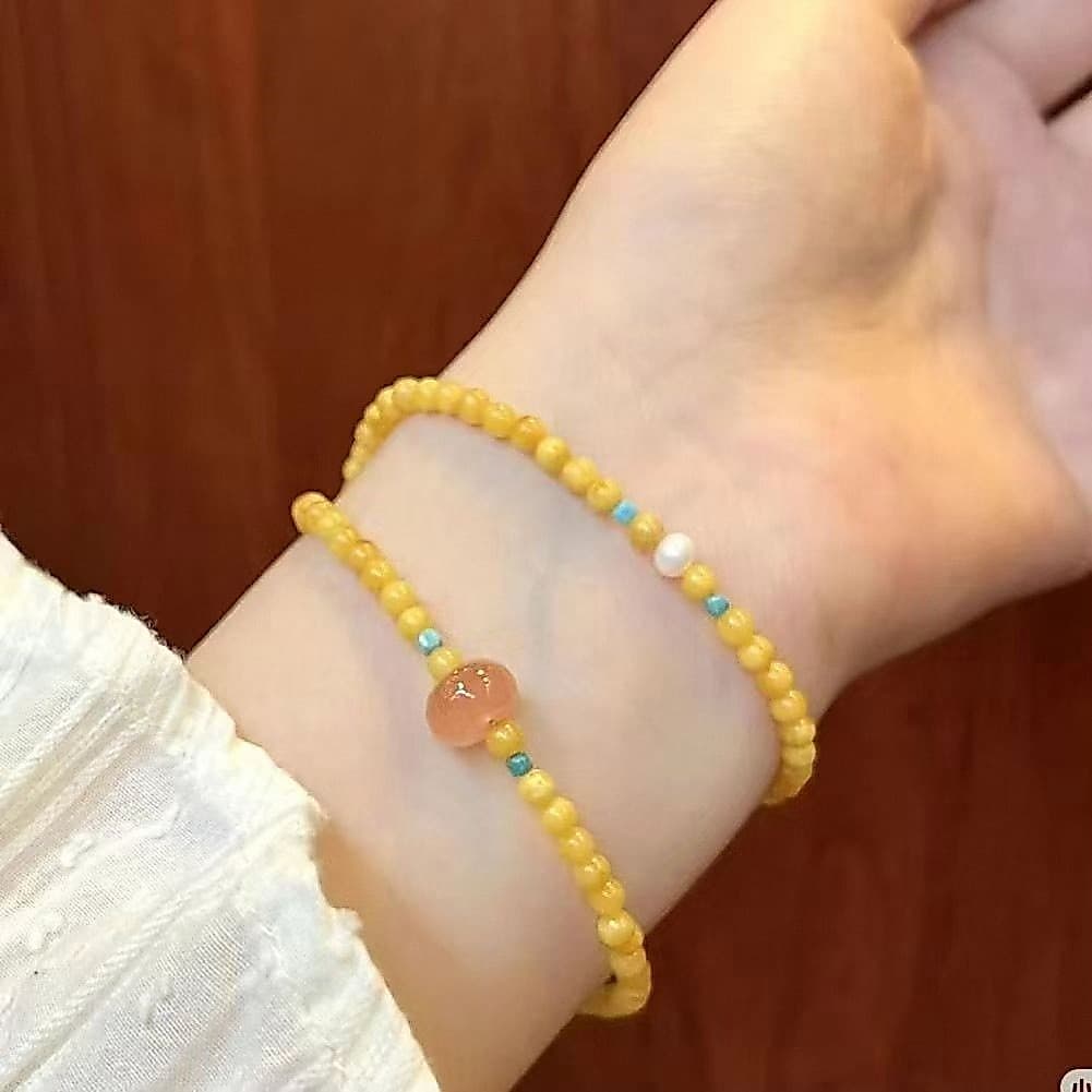 Nova pulseira de contas de vidro amarelo âmbar em estilo chinês para mulheres, pulseira de duplo laço em estilo antigo,