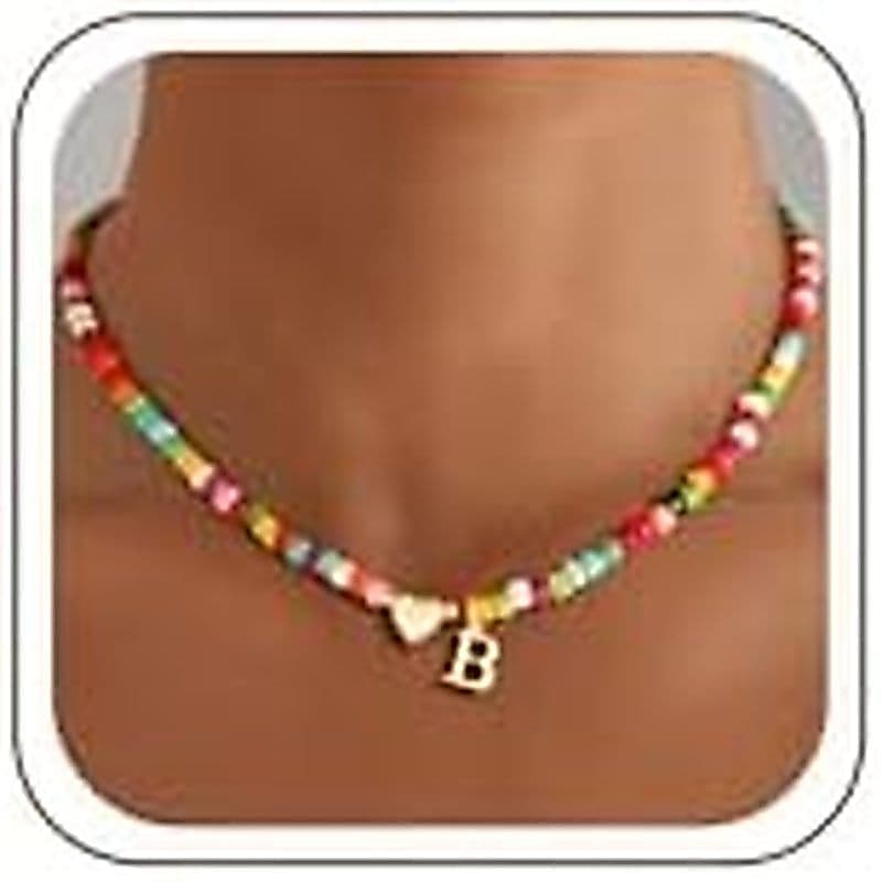 Colar Inicial M MOOHAM Para Mulheres E Meninas , Colorido Com Miçangas , Az | Delicado De Coração , Banhado A Ouro 14K ,