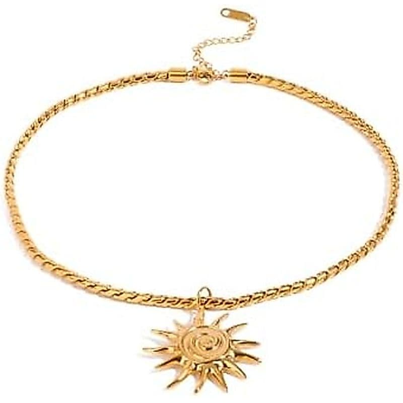 Colar Gargantilha De Girassol Martelado Banhado A Ouro 18K , Curto Com Pingente De Sol Não Manchado De Aço Inoxidável ,