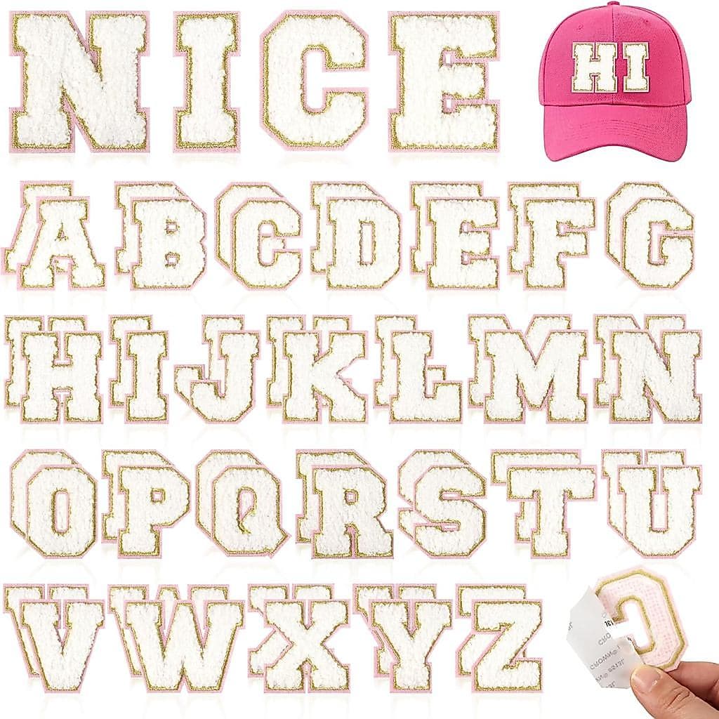 NICEVINYL Patches de Letras em Chenille Branco: 52 Peças de Adesivos de Letras em Chenille Autoadesivos Pré-Selecionados