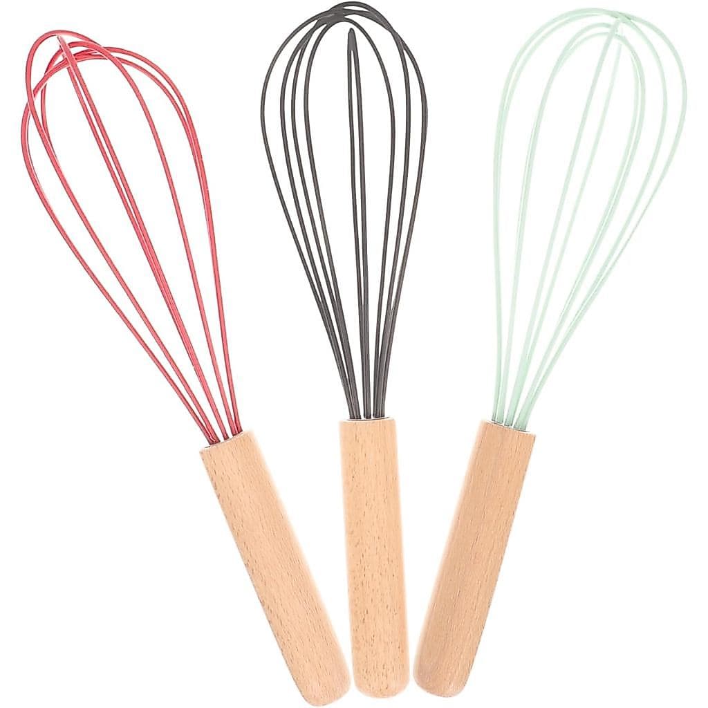3 Peças de Batedores de Ovos Manuais com Cabos Ergonômicos de Madeira de Faia, Misturadores de Molhos de Silicone para C