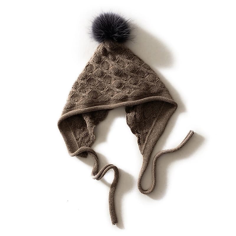 Fangci feminino elegante puro Cashmere malha chapéu corda chapéu oco lã quente bola proteção de ouvido inverno