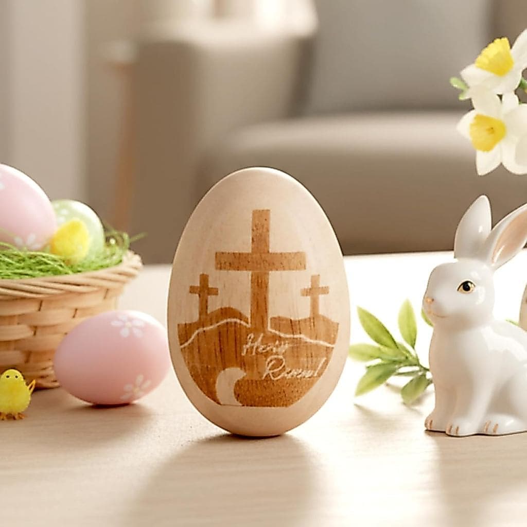 Presente de Páscoa Jenaai "Ele Ressuscitou", Ovo de Páscoa Religioso de Madeira "Ele Ressuscitou" com Cruz, Enfeites par