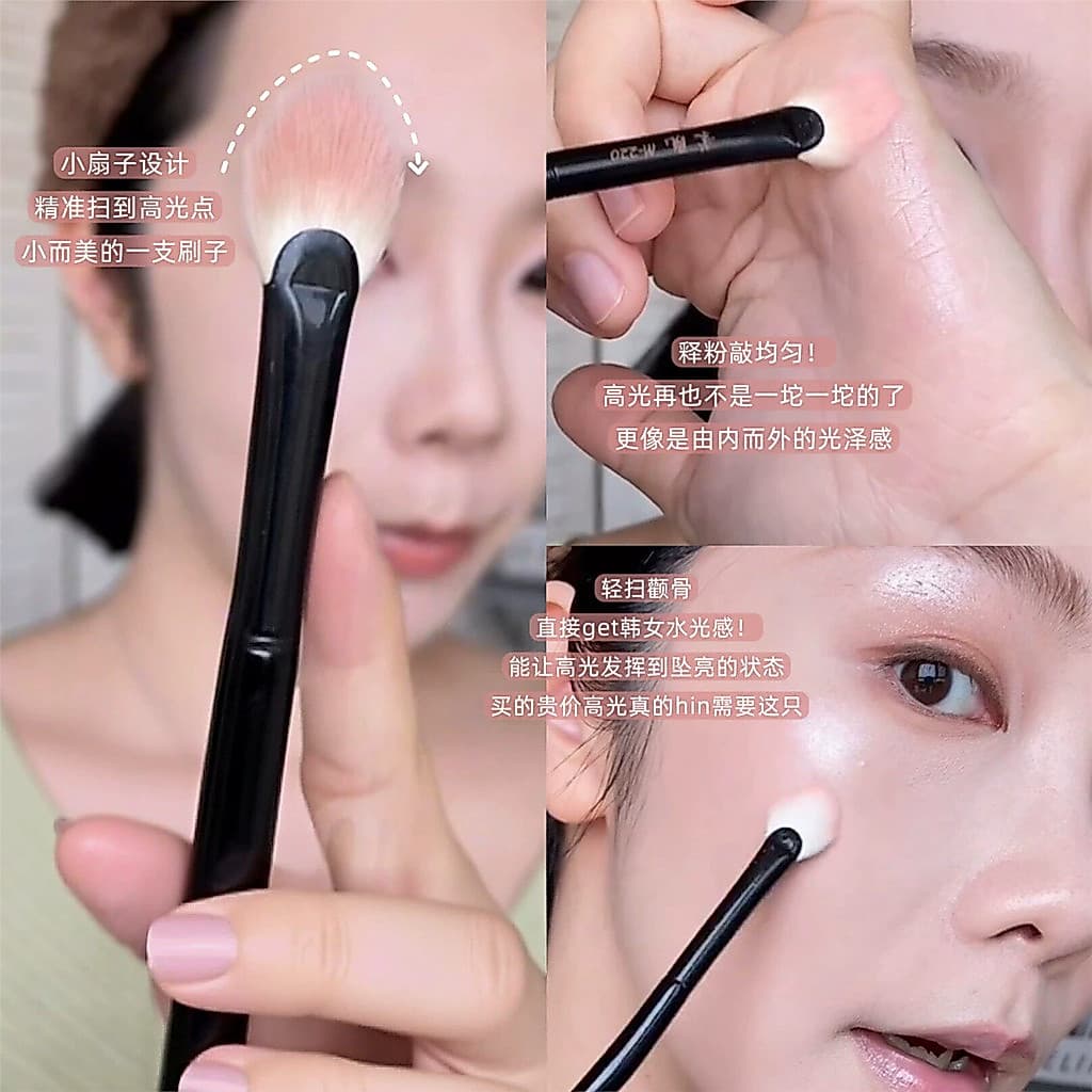 A maquiagem está faltando!Escova de destaque em forma de leque, brilho preciso, escova Facial para iniciantes, macia, fá