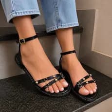Sandália Feminina Flat De Napa Madrid Peças Dourada Flores Com Traseirina De Amarração