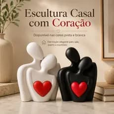 Escultura Casal com Coração Decorativa Preta e Branca para Sala Quarto Presentes
