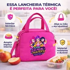 Lancheira Térmica Huntrix K-Pop Escolar Meninas Rosa Com Alça Tipo Bolsinha Merendeira