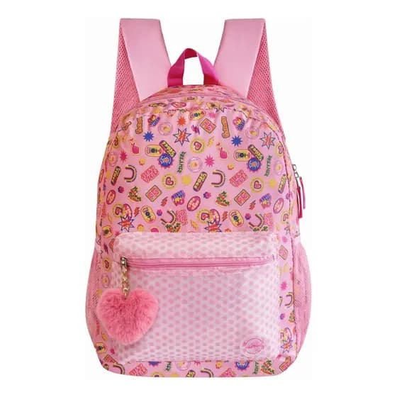 Mochila Infantil Rosa Just Vibe Corações E Emojis Com Pompom Costas Love Meninha