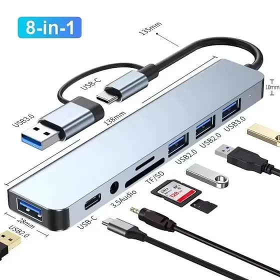 Hub USB Type C 8 Em 1 Com Leitor De Cartão Divisor 3.0 2.0 SD TF Docking Station