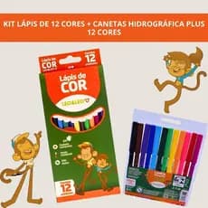 Kit Escolar Lápis De Cor 12 cores + Canetinha Hidrográfica Plus 12 Cores Leo&Leo