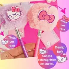 Ki 2 Canetas Fofas Corpo Metal Pompom Com Aplique Hello Kitty Leo Arte