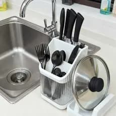 Porta Talheres Multifuncional com Suporte para Facas e Tampa – Organizador de Utensílios de Cozinha