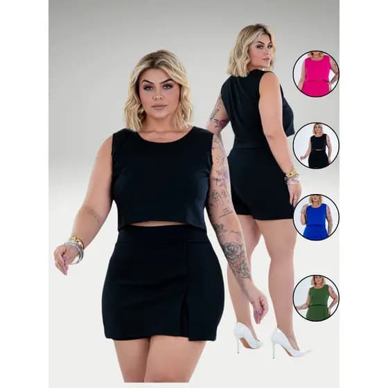 Conjunto Verão Feminino Plus Size Cropped e Short Saia