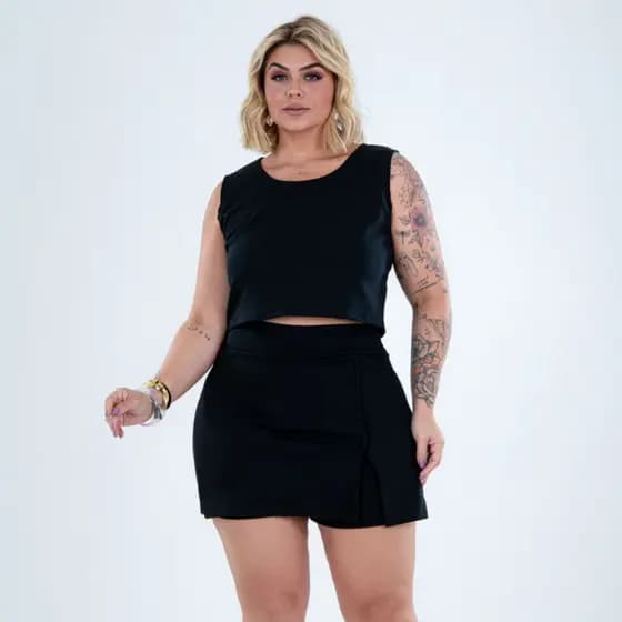 Conjunto Plus Size Feminino Cropped e Short Saia Elegante