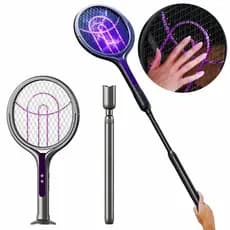 Raquete Elétrica Mata Mosca Mosquito Recarregável USB 2 em 1 C/ Luz UV Cabo Extensível